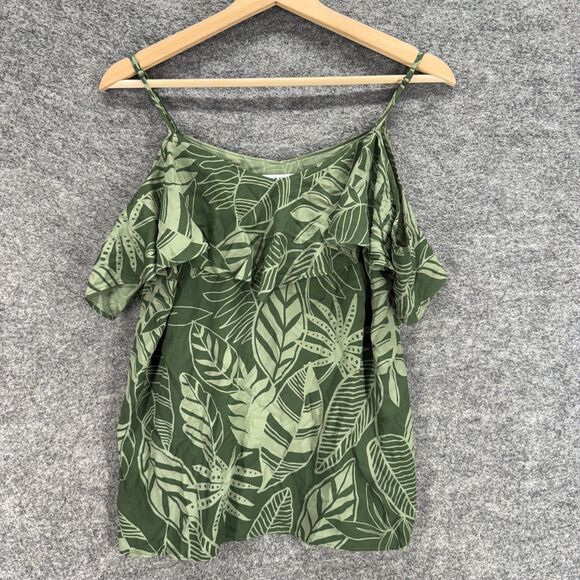 Old Navy Blouse Women M Medium Green Floral Cold Shoulder Short Sleeve Rayon - Picture 1 of 7